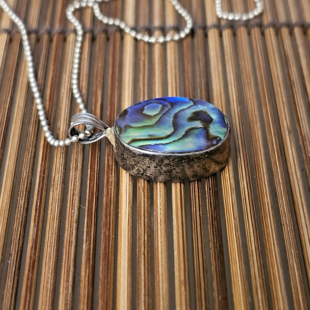 Sterling Silver Abalone Silver Necklace (Vintage) - Picture 3 of 12